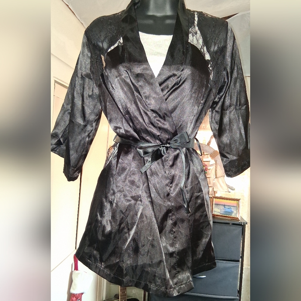 Dreamgirl Satin Black Robe with Lace Accents